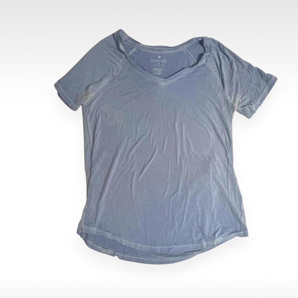 American Eagle Blue Faded Soft & Sexy V-Neck T-Shirt - Oversized - Size Small - Picture 2 of 7